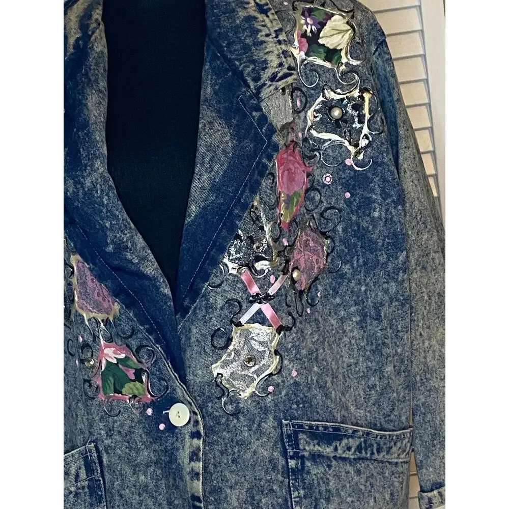 Vtg Acid Wash‎ Denim embellished Benningtons New York Duster Trench 80s M